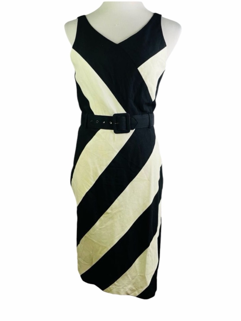 Lew Magram Black & White Belted V-Neck Midi Dress - Size 8